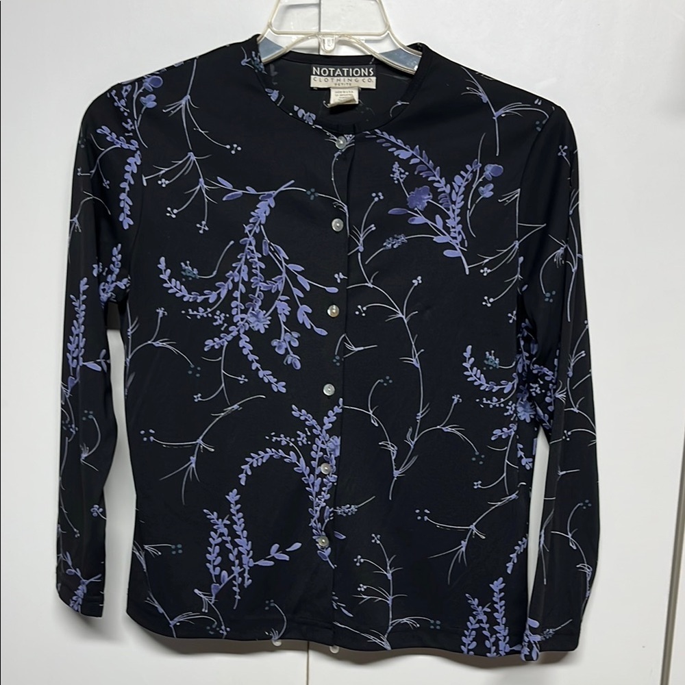 Notations Black Blouse with Lavender Floral Pattern